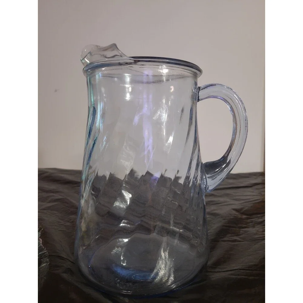 Vintage Indiana Blue Swirled Glass Water Pitcher with Ice Lip 9.25” H